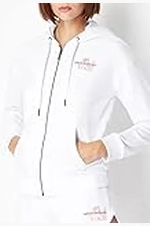 Armani Exchange Dames Neck, Voorzakken, Rits Hooded Sweatshirt, Optic. White, Extra Large, , XL