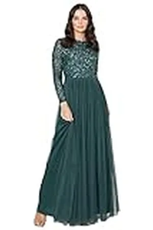 Maya Deluxe Maya Versierde maxi-jurk met lange mouwen voor dames, bruidsmeisje, smaragd, 14