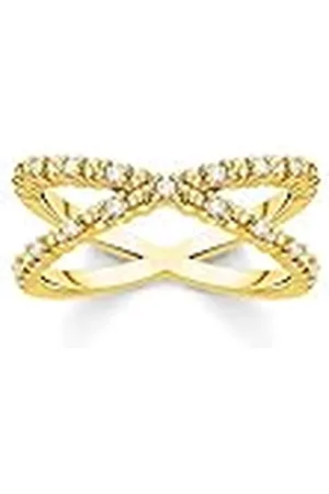 Thomas Sabo Damen Ring in X-Form aus 925er Sterling-Silber mit 750er Gelbgold Vergoldung und Zirkonia-Steinen, Gr: 56, TR2318-414-14-56
