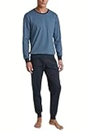 Calida Relax Essentials Pyjama met boordjes voor heren, van 100% biologisch katoen, broek met stof beklede elastische tailleband, , 56