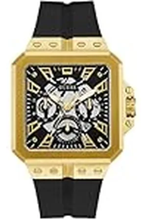 Guess Heren 42 mm horloge - zwarte band zwarte wijzerplaat gouden toon kast, , Eén maat, Klassiek