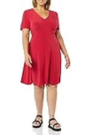 Amazon Dames korte mouwen V-hals verzameld fit & flare jurk, , S
