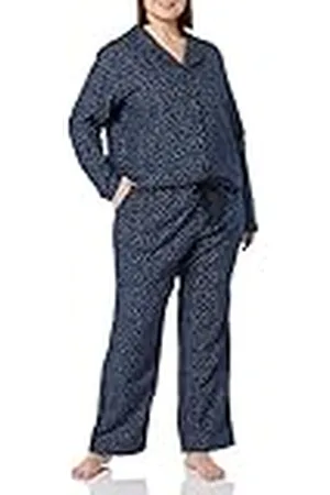Amazon Dames flanellen pyjama met lange mouwen en knoopsluiting aan de voorkant, marineblauwe stippenprint, L