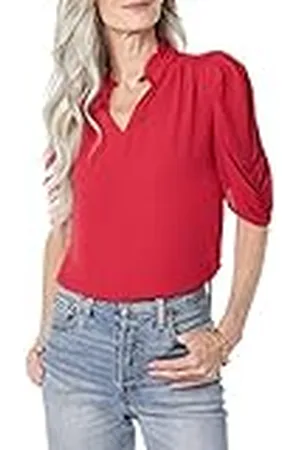 Amazon Dames lichtgewicht Georgette halflange ruches hals geweven blouse, , XS