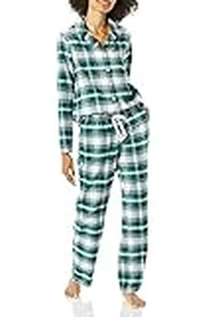 Amazon Dames flanellen pyjama met lange mouwen en knopen aan de voorkant, donkergroen wit geruit, XXL
