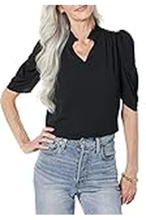 Amazon Dames lichtgewicht Georgette halflange ruches hals geweven blouse, , XS