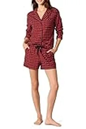 Amazon Lichtgewicht geweven flanellen pyjamaset voor dames met korte broek, zwart rood mini buffelpatroon, XL