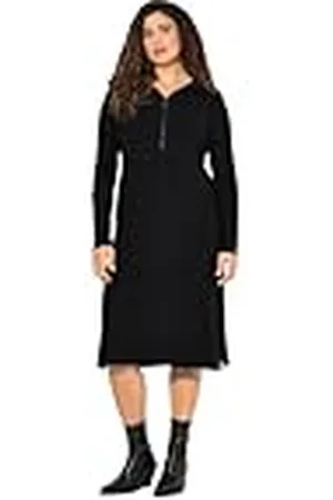 Ulla Popken Dames grote maten grote maten plus size ribjersey midi-jurk met ritssluiting, A-lijn, V-hals, lange mouwen, , 42/44 NL