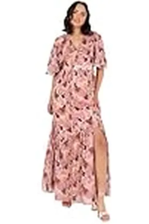Lovedrobe Maxi-jurk voor dames, cape, mouwen, V-hals, ruches, strik, riem, asymmetrische naad, bloemen, A-lijn, bruiloft, gast, gelegenheid, poederroze, 44, , 42