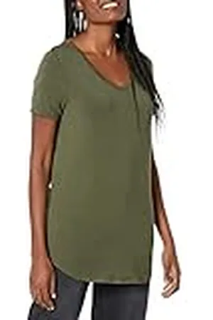 Amazon Relaxed-fit tuniek met korte mouwen en V-hals voor dames (verkrijgbaar in grote maten), donkerolijfgroen, S