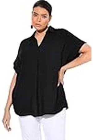 Ulla Popken Damesblouse met open rug, oversized, sierplooi, blouse met halve mouwen, , 54-56 Grote maten