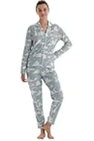 Dagi Damesshirt met lange mouwen, kraag met wolkprint, pyjamaset, , XL