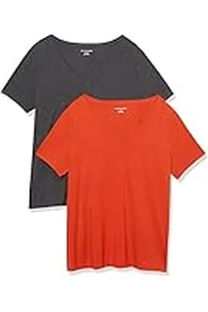 Amazon Dames Classic-Fit T-shirt met korte mouwen en V-hals, set van 2, grijs (Charcoal Heather/Tomato Red), 5X