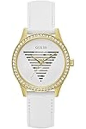 Guess Dames 38mm horloge - witte band witte wijzerplaat gouden toon kast, , Modern
