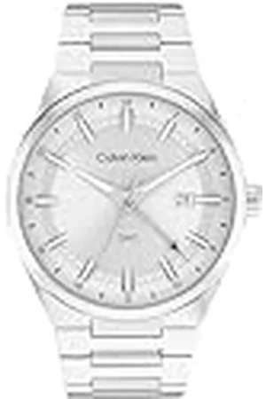 Calvin Klein Drie Hand Quartz Beweging Horloge met Kalender voor Mannen DISTINGUISH Collectie met Zilveren Roestvrij Stalen Armband - 25200489, Grijs, Eén maat