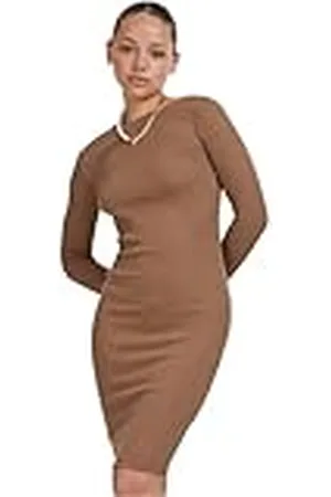 Urban classics Rib-jurk met lange mouwen voor dames, sportief, elegant en knielang, in de kleuren zwart, houtskool en donkerkaki, maat XS tot 5XL, , S