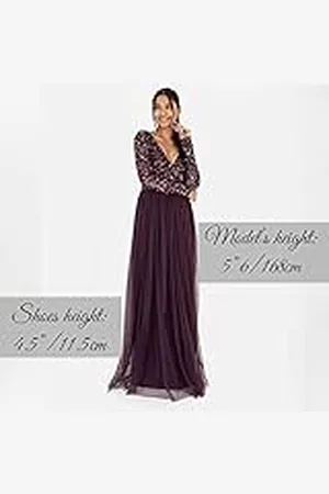 Maya Deluxe Damen Maxi-jurk voor dames, lange mouwen, V-hals, diepe pailletten, verfraaid voor bruiloft, gast, bruidsmeisje, galajurk, , 46