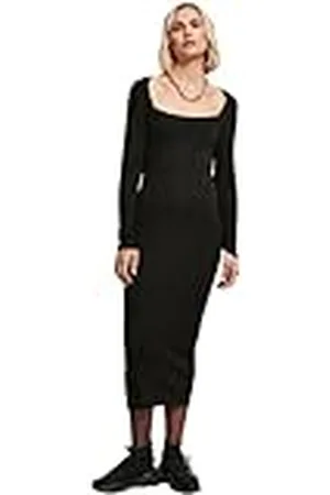 Urban classics Damesjurk knielange gebreide jurk met opvallende hoekuitsnijding, lange mouwen, ribgebreid patroon, maat XS tot 5XL, , S