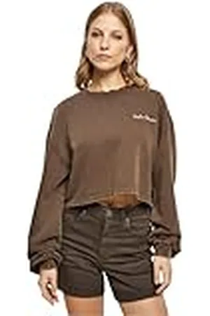 Urban classics Damen Sweatshirt Ladies Cropped Small Embroidery Terry Crewneck brown M