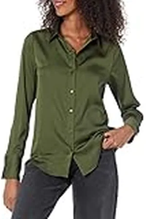 Amazon Dames klassieke pasvorm satijnen blouse met knoopsluiting (verkrijgbaar in grote maten), , 1X