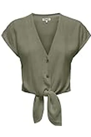 ONLY Damesblouse met korte mouwen, knoopsluiting en strik, cropped shirt, , L
