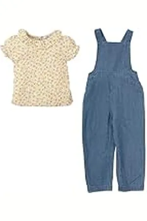 BABIDU Conjunto Para Niña Con Peto Corto Vaquero Y Camiseta de Manga Corta A Rayas Finas-set, , 24 maanden, uniseks, baby, , 24 Maanden