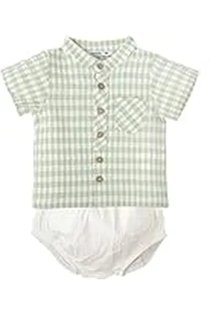 BABIDU Kinderset met geruit shirt met korte mouwen en zak en houten knopen, uniseks baby, , 3 Maanden