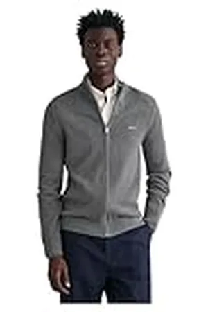 GANT Gebreide katoenen piqué-jas met ritssluiting, donkergrijs gemêleerd, standaard, , M