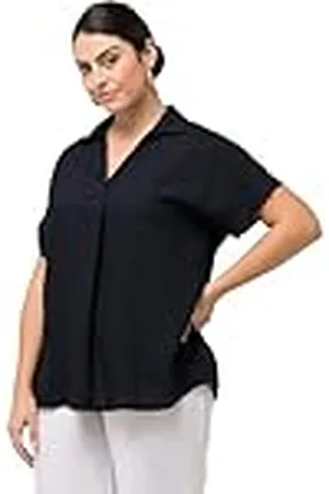 Ulla Popken Dames, grote maten, blouse, knopen op de rug, oversized, sierplooien, halve mouwen, , 62/64 NL