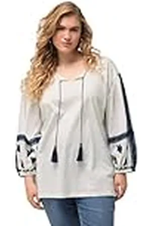 Ulla Popken Grote maten grote maten plus size blouse, borduurwerk, tuniekhals, lange mouwen, , 54-56