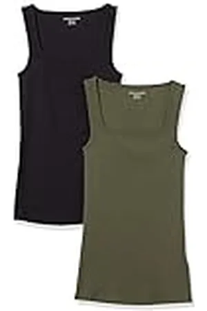 Amazon Tanktop voor dames, slim fit, vierkante hals, 2 stuks, zwart/donkerolijf, M