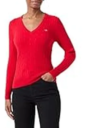 GANT Trui-over stretch katoenen kabel met V-hals, robijnrood, S dames, , S