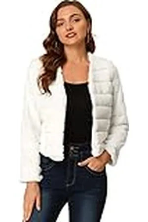Allegra K Warme winterjas voor dames, kraagloos, imitatiebont, pluizige mantel, , M
