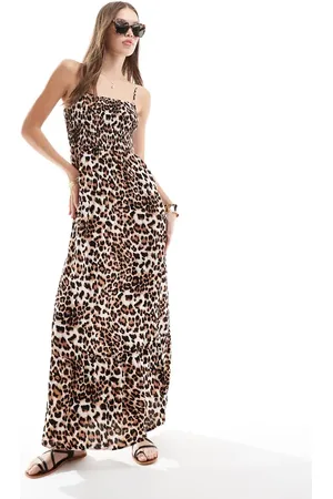VERO MODA Maxi jurk met gesmokte buste in luipaardprint