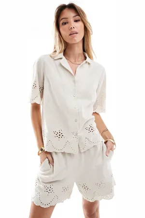 Pieces® Overhemd met broderie in crème, deel van co-ord set