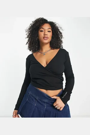 Calvin Klein Plus - Geribbelde wikkeltop met lange mouwen in
