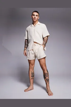 ASOS Korte zwemshort met linnenlook in stone, deel van co-ord set