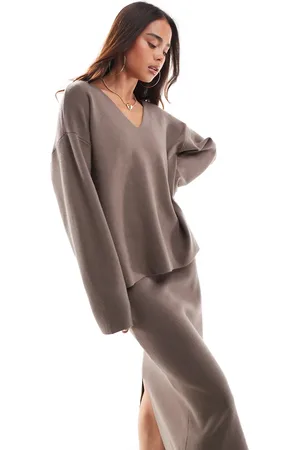 Object Trui met structuur en V-hals in taupe, deel van co-ord set
