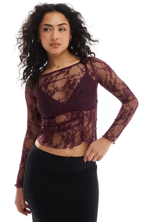 Pull&Bear Kanten top met lange mouwen en asymmetrisch naaddetail in bordeauxrood