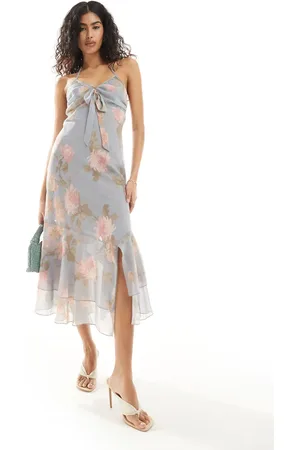 Miss Selfridge Gelegenheidskleding - Maxi-slipdress van chiffon met gestrikte voorkant en vintage bloemenprint in blauw