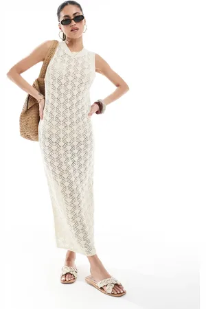 VERO MODA Gehaakte gebreide midi-jurk in crème