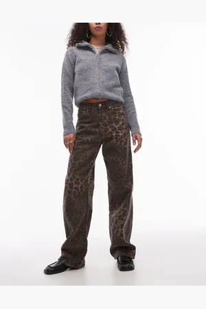 Topshop Losse jeans met rechte pijpen en halfhoge taille in bruine luipaardprint