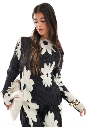 Object Plissé top met lange mouwen in zwarte bloemenprint, deel van co-ord set