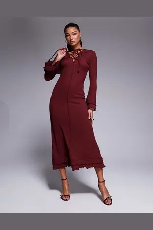 ASOS Maxi-jurk van kreukstof met lange mouwen en ruches in bordeauxrood