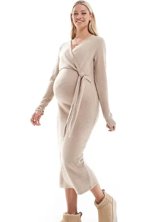 Mama;licious Mamalicious Maternity - Gebreide maxi jurk met knoop aan de voorkant in beige