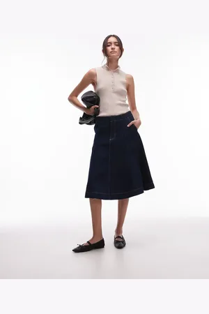 MANGO Geplooide denim midi-rok in donkerblauw