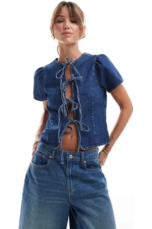 ASOS Denim top met korte mouwen en gestrikte voorkant in middenblauw