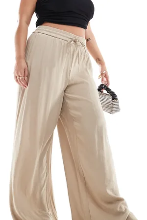 VILA Broek met wijde pijpen van zwaar plissé satijn in beige