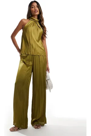 River Island Plissé broek van co-ord set van satijn met wijde pijpen in kaki