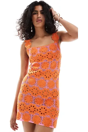 MANGO Gehaakte mini-jurk met ruiten in en oranje